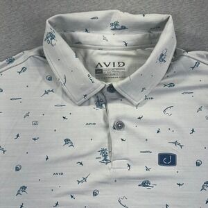 AVID Performance Polo Shirt Mens M Gray Nautical Fish Print Shark UV Protection